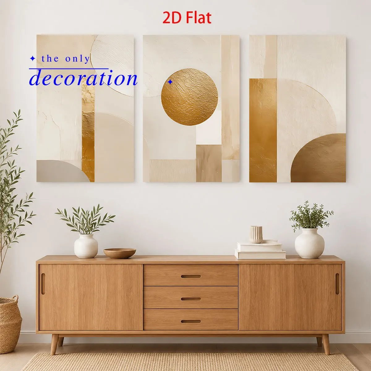 3PC 2D Flat- Three 2D flat abstract paintings with beige gold geometric shapes on white wall Themed Canvas Wall Art, Canvas P