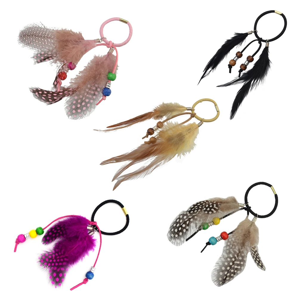 Multi Color Feather Wood Beads Leather Headband Boho Ethnic Dirty Braid Elastic Rope Feather Hair Accessories Women's Jewelry