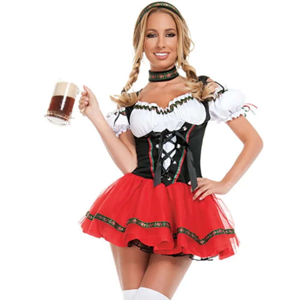 New High Quality German Beer Maid Costume Women Oktoberfest Dirndl Dress Adult Halloween Party Outfit