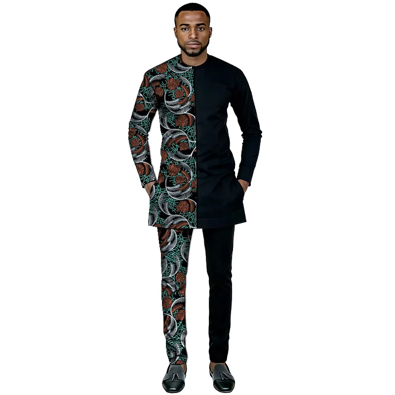 African Culture Men Patchwork Set Shirt With Pant Black/Wax Nigerian Fashion Groom Suits Male Wedding Attire Customized