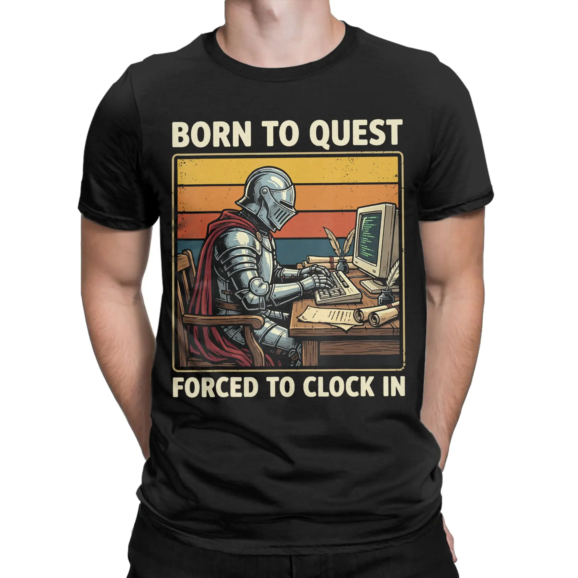 Vintage Born to Quest Forced to Clock in T-Shirts for Men O Neck 100% Cotton T Shirt Funny Knight Short Sleeve Tees 5XL 6XL Tops