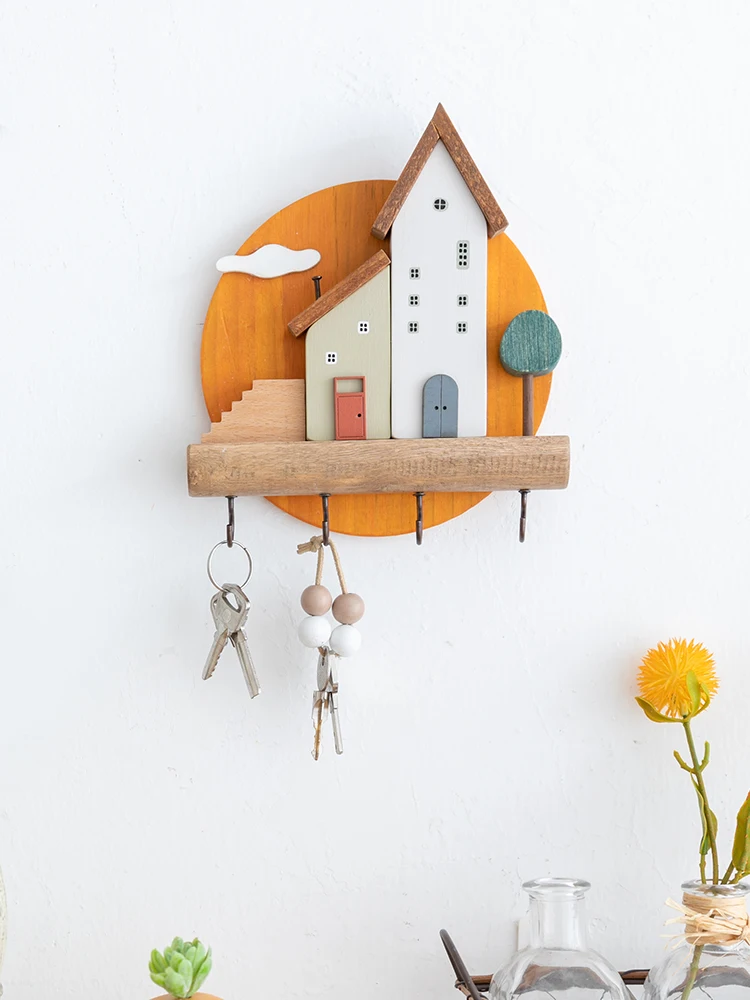 

Cartoon Solid Wood Key Storage Holder Rack Indoor Porch Wall Hanging Hat Bag Coat Hanger Home Entrance Decor Decorative Hook