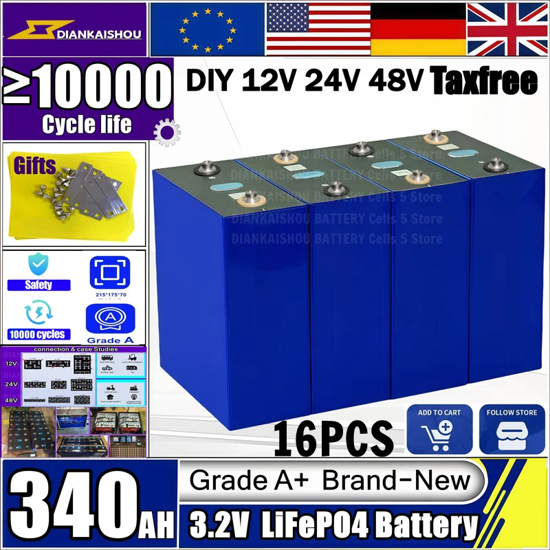

16PCS 10000 Cycles 3.2V 340AH Lifepo4 Rechargeable Battery Grade A DIY12V 24V 48V RV EV Boat Golf solar energy camping duty-free