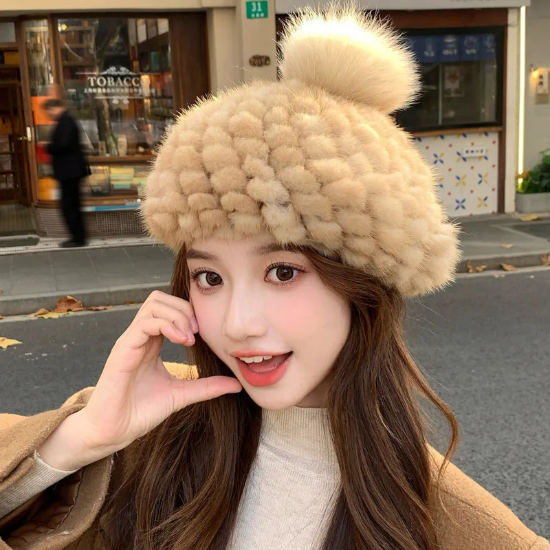 Womens Real Mink Fur Hat With Fox Fur Pom‑poms Fashion Winter Knitted Hat Fluffy Thickened Comfortable And Warm 100% Natural Hat