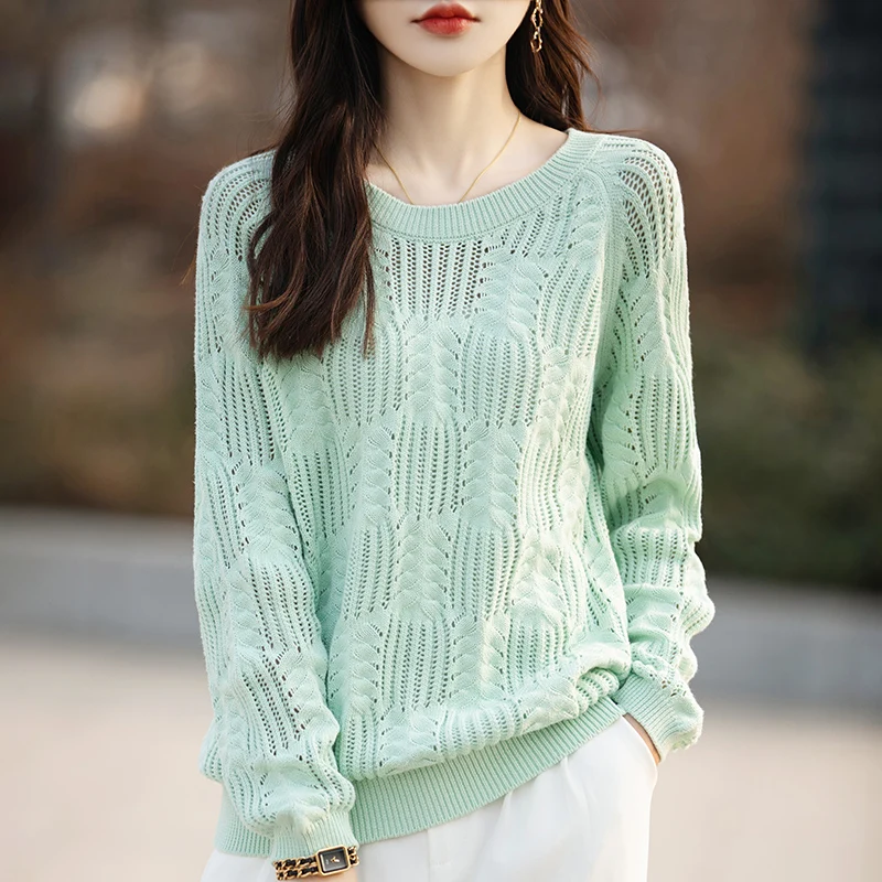 Spring and Autumn New Women\'s Sweater 100% Cotton Knitted Pullover Round Neck Fashion Mesh Large Sleeves Solid Color Tops