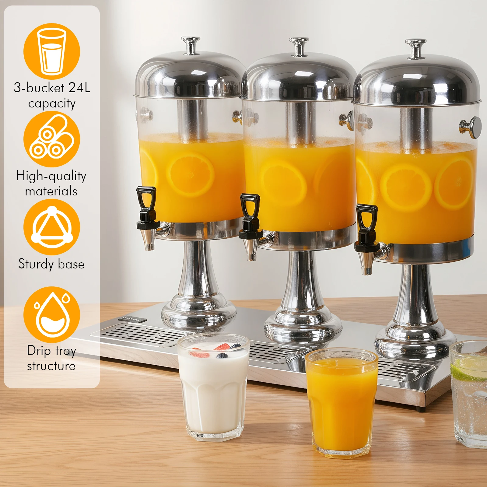 

Диспенсер для холодных напитков из нержавеющей стали на 24 л с краном, 3-х секционный, для вечеринок, свадеб, отелей, шведских столов, ресторанов