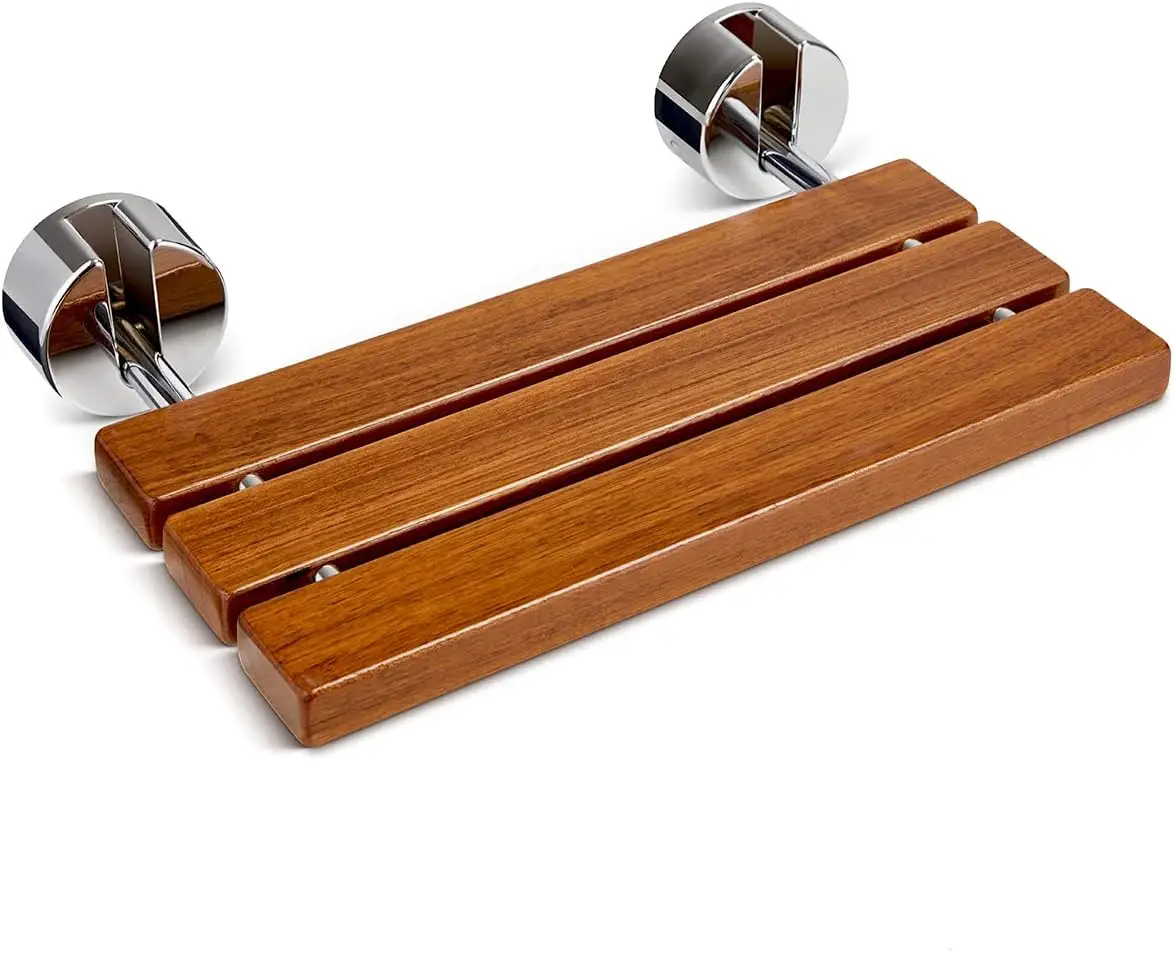 Teak Folding Shower Seat Bench, Medical Wall Mounted Fold Down Shower Seat, 400 lbs Capacity, Teak Shower Bench