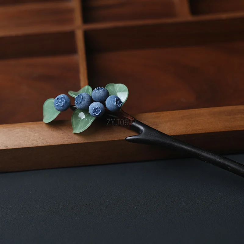 Заколка для волос ручной работы с имитацией фруктов и черники, дизайн заколки для волос из черного дерева, аксессуар, заколка для волос