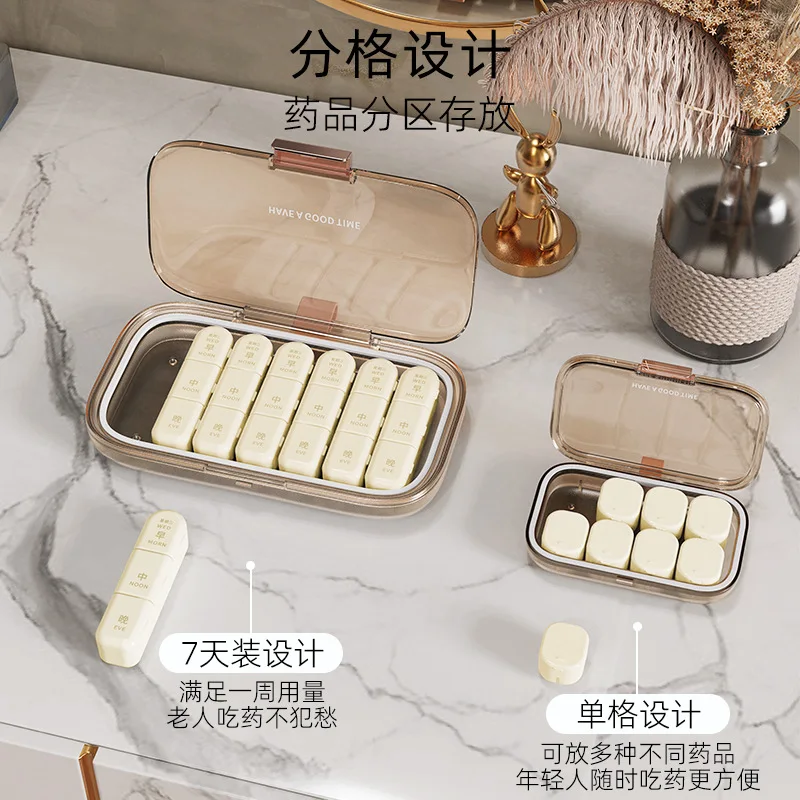 Pill Box with Lid Compartment Design Good Sealing Pill Organizer 1 Big 7 Small Portable Weekly Pill Dispenser Case for Everyday