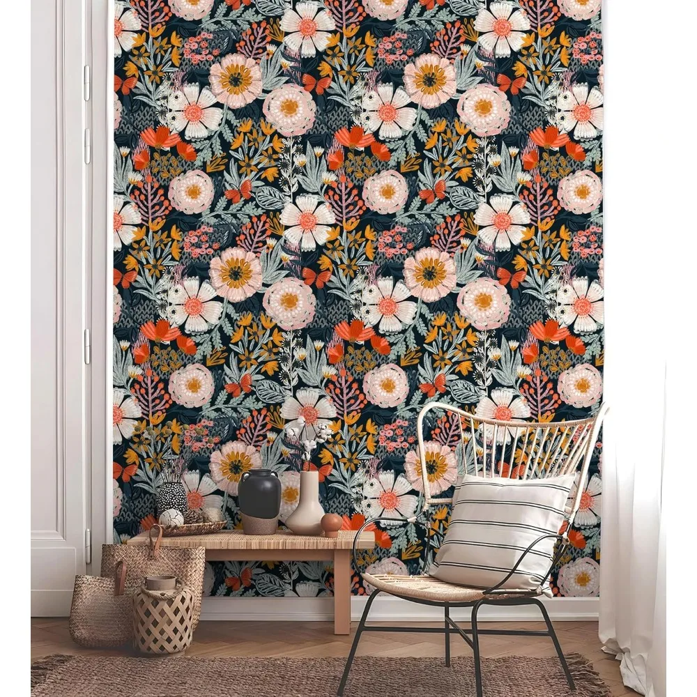 ورق جدران بوهيمي قابل للإزالة لغرفة النوم - ورق اتصال مزخرف قابل للتقشير واللصق باللون الوردي الداكن مقاس 17.3 بوصة × 32.8 قدم