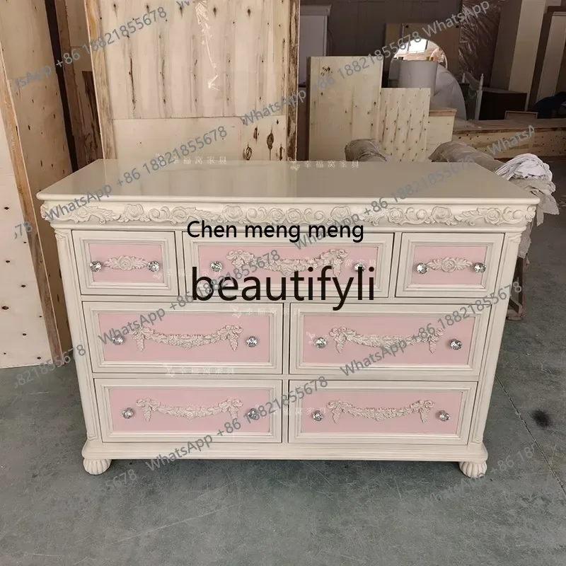 D178  French solid wood carving flower retro seven-chest cabinet storage locker pink dressing decorative cabinet