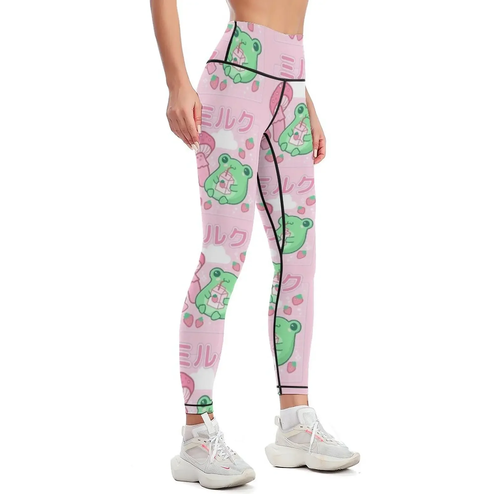 Cute Cottagecore Frog Strawberry Retro 90s Kawaii Aesthetic Y2K - Japanese Pink Fungi Mushrooms - Happy Bubble Milk Fro Leggings