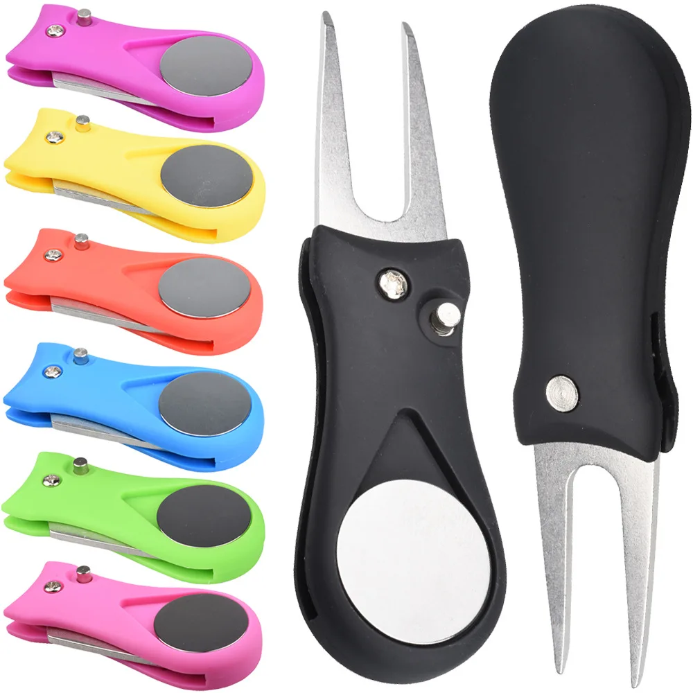 

1pc Golf Divot Repair Tool Switchblade Pitch Groove Cleaner Foldable Golf Pitchfork with Golf Marker Golf Acessories