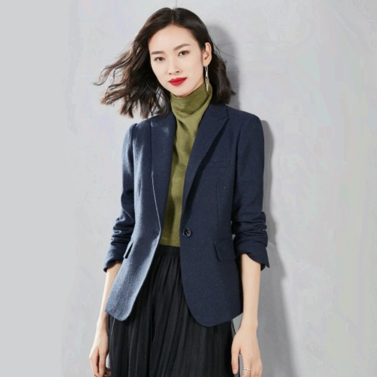 

VIMLY Commute Women's Blazers Autumn Winter Office Lady Solid Jackets Single Button Notched Lapel Woolen Coats Woman V7065