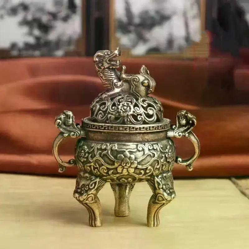 Figura Kirin de latón, adorno quemador de incienso Feng Shui para riqueza en cobre puro