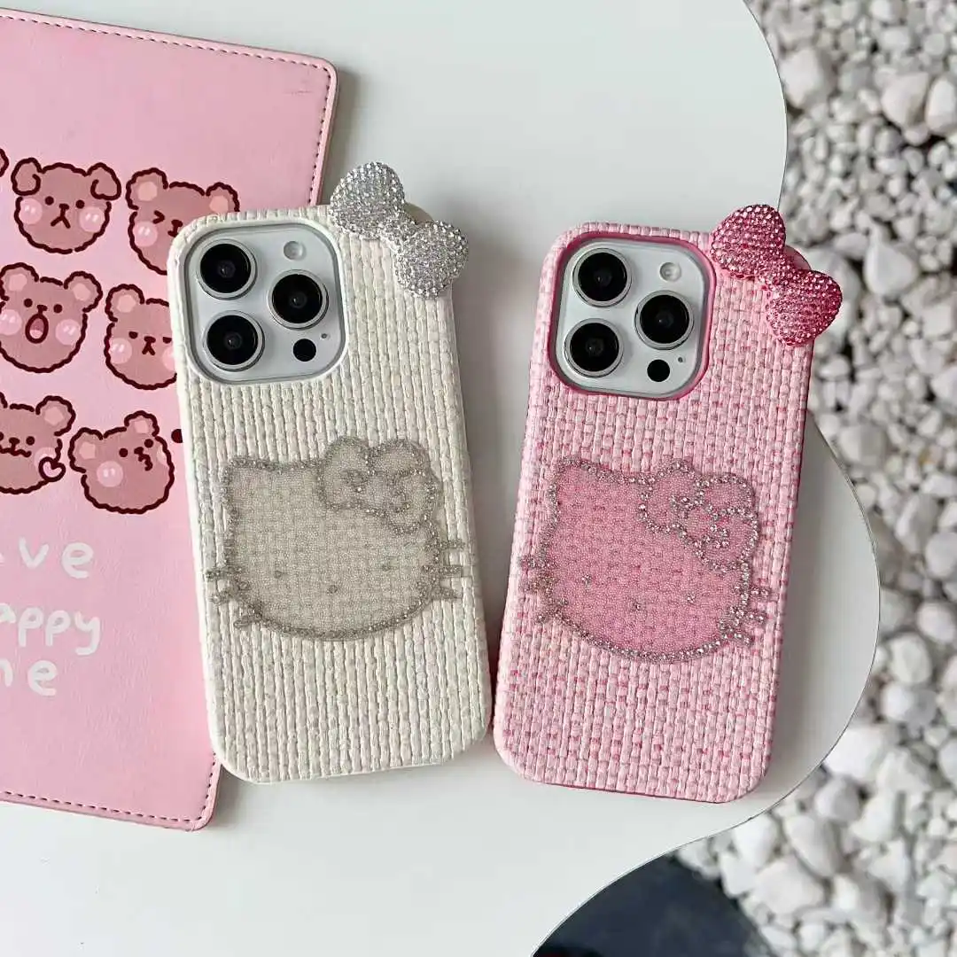 

Cartoon Knitted Embroidery Fabric Phone Case For iPhone17 16 15 14 13 12 11 Pro Max Plus Hello kitty Sparkling Diamond Bow Cover