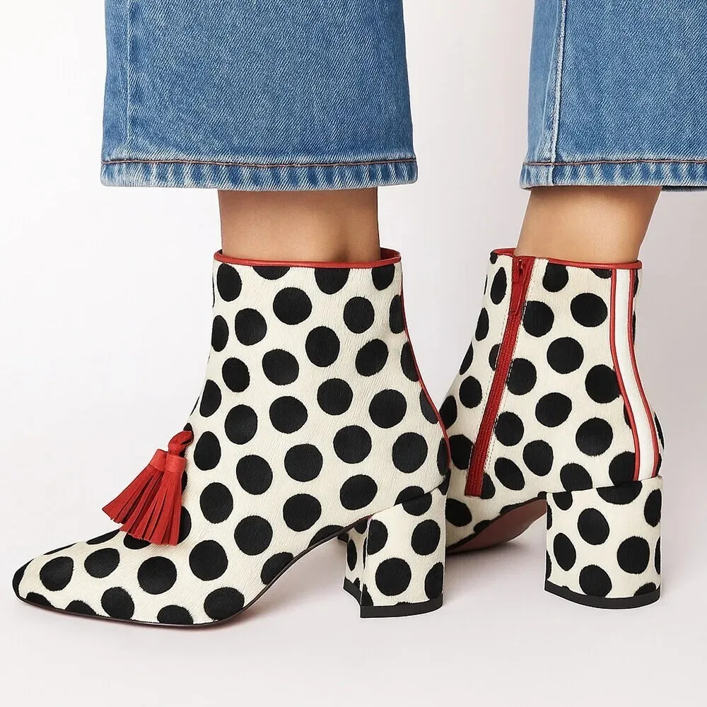 Polka Dot Pattern Tassel  Pointed Toe Chunky Heel Women's Ankle Boots 2025 New Fashion Boots Shoes