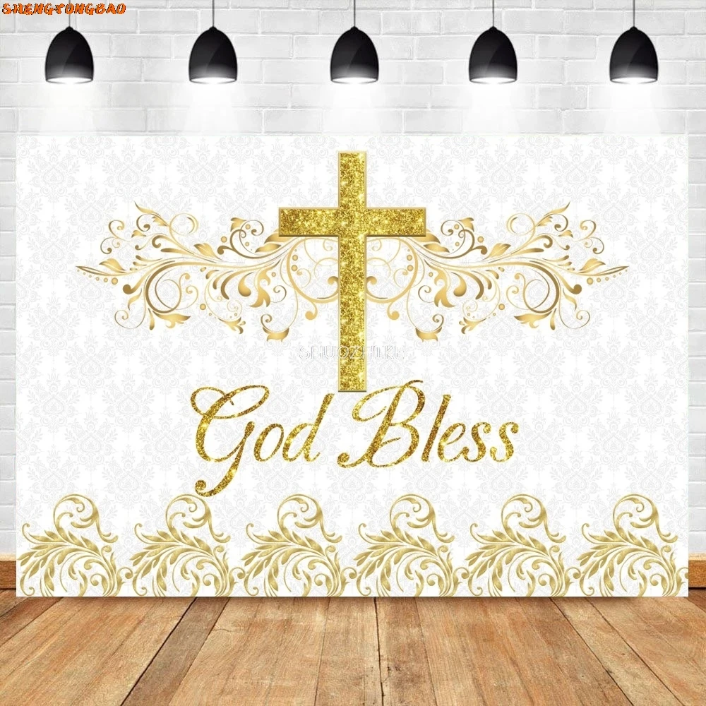 God Bless My First Communion الطفل المعمودية الخشب مجلس جدار خلفية صبي فتاة الذهبي الصليب الأزرق زهرة التصوير الخلفية