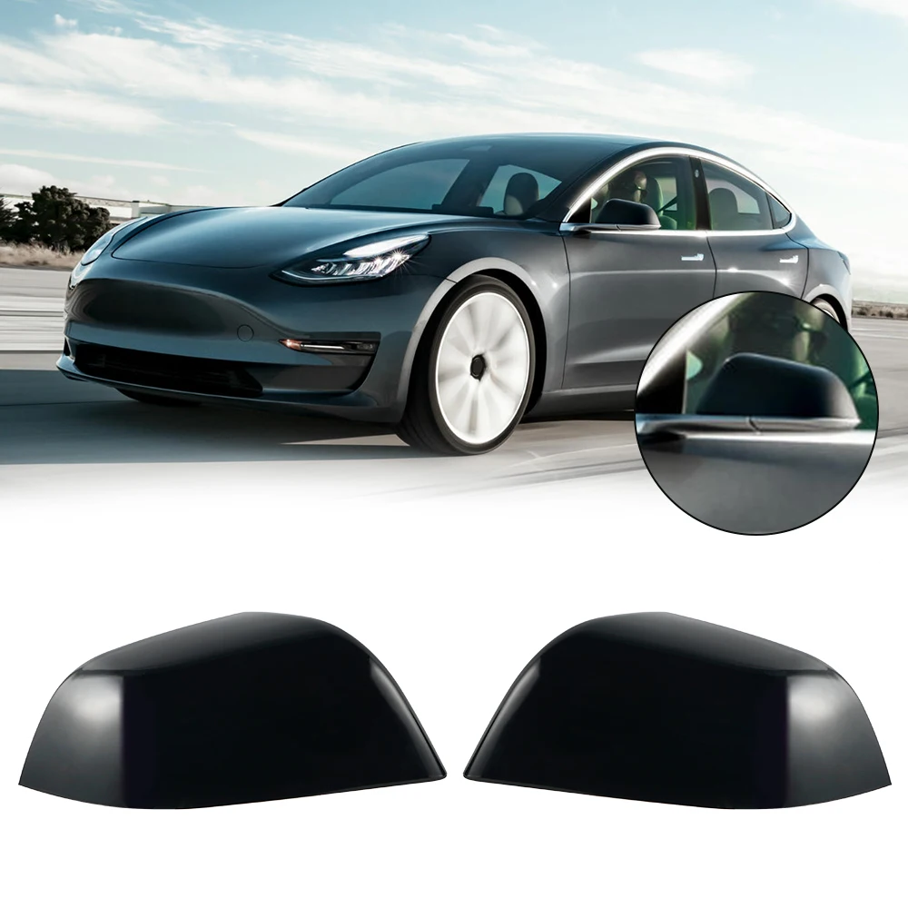 Black Side Mirror Cap Cover Pair Set Ultra Light ABS Housing Casing for Tesla Model 3 2017-2020