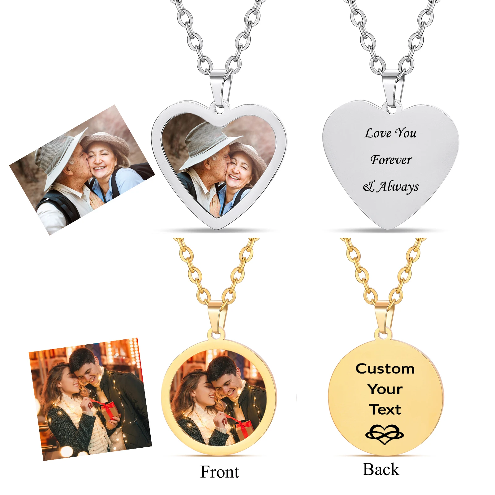 

Personalized Custom Disc/Heart Pendant Picture Necklace Engraved Text DIY Stainless Steel Memorial Jewelry Gifts for Men Women