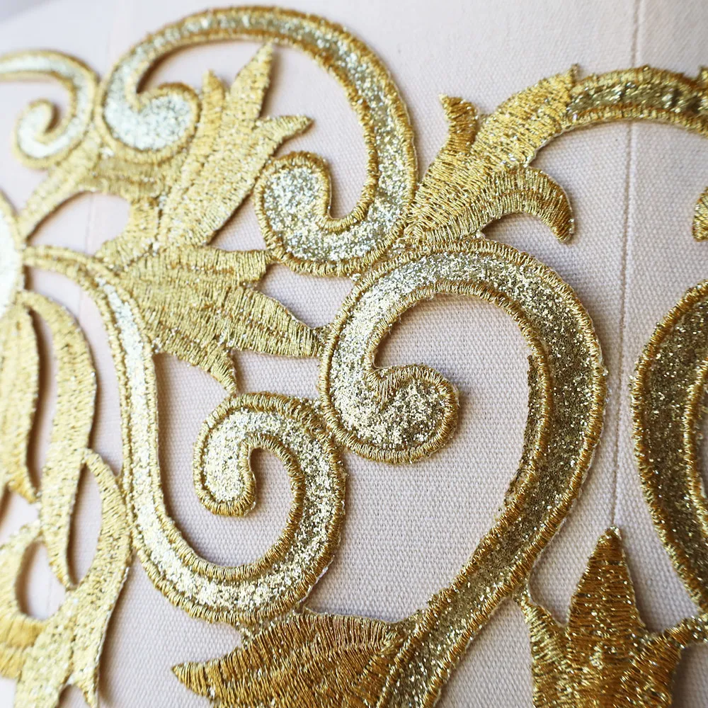 Gold Embroidery Sequin Baroque Flower Applique Fabric Collar Sew Iron Patch Wedding Bridal Gown Dress DIY Clothes Decor Crafts