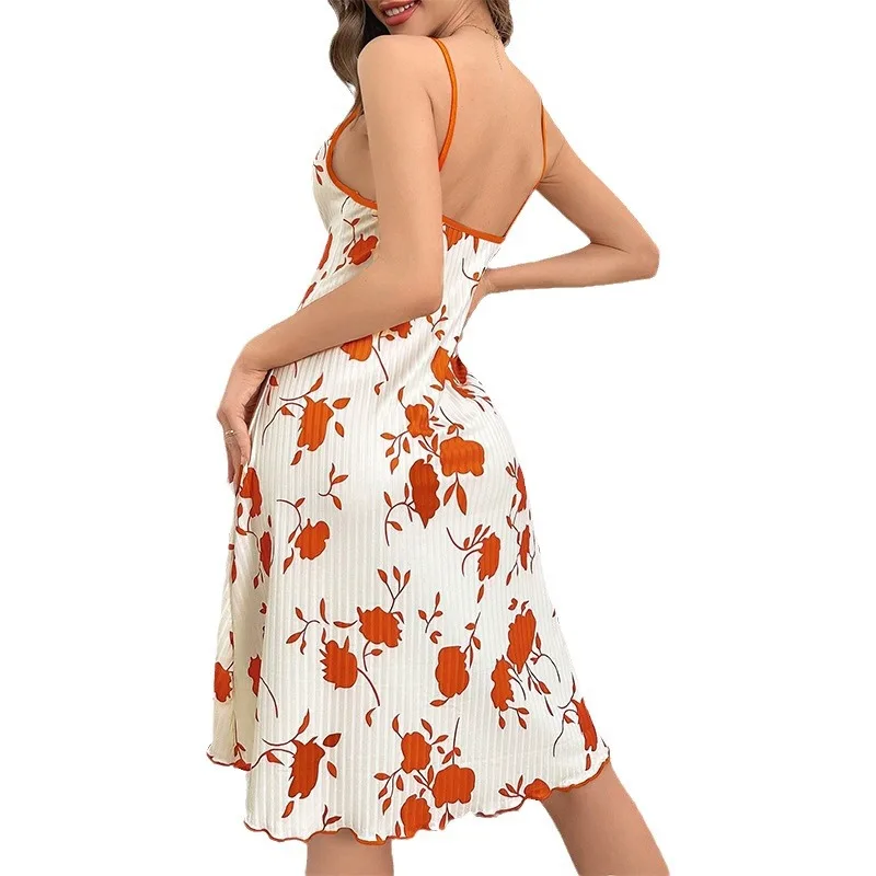 

2024 New Women's Printed Strappy Homewear Casual Nightdress with Front Tying Rope Sexy Dress