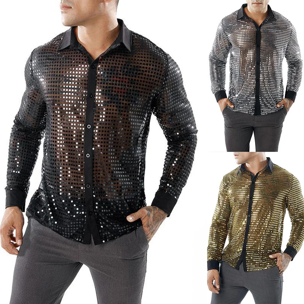 Men's Disco Shiny Gold Sequin Design Dress Shirt Long Sleeve Button Down Christmas Halloween Bday Party Stage Costume