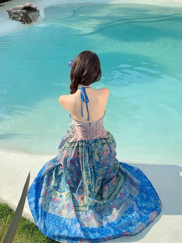 กระโปรงทรงเอเอวสูงลายดอกไม้สไตล์วินเทจ ผ้าพิมพ์ลาย เหมาะสำหรับการเดินทาง มีสายคล้องไหล่