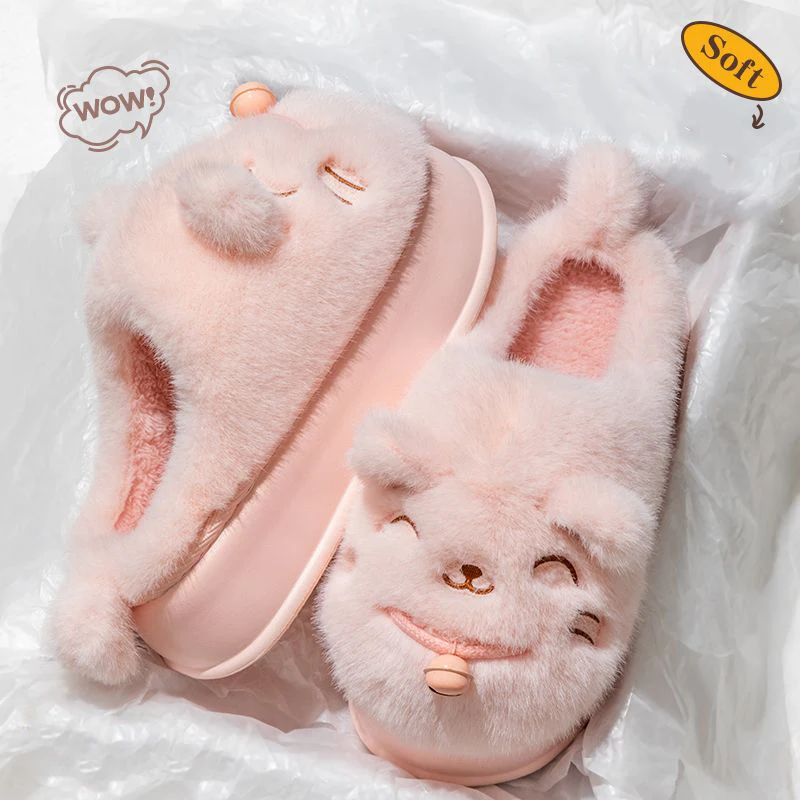 

6 cm cute fluffy cat slippers woman pink slides home plush mules clogs women's winter house shoe outdoor platform kitty slippers