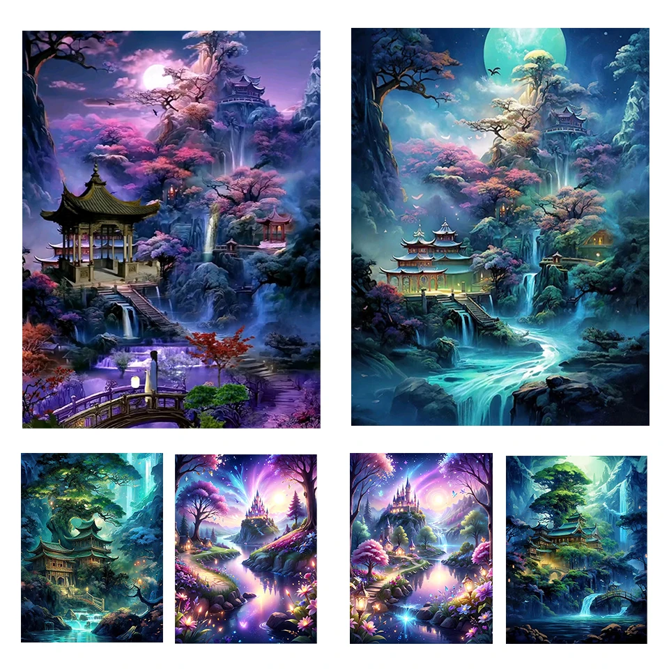 Chinese Style Diamond Art Collection Mountain Waterfall Scenery Art 5d Diy Embroidery Mosaic Home Decoration Cross Embroidery