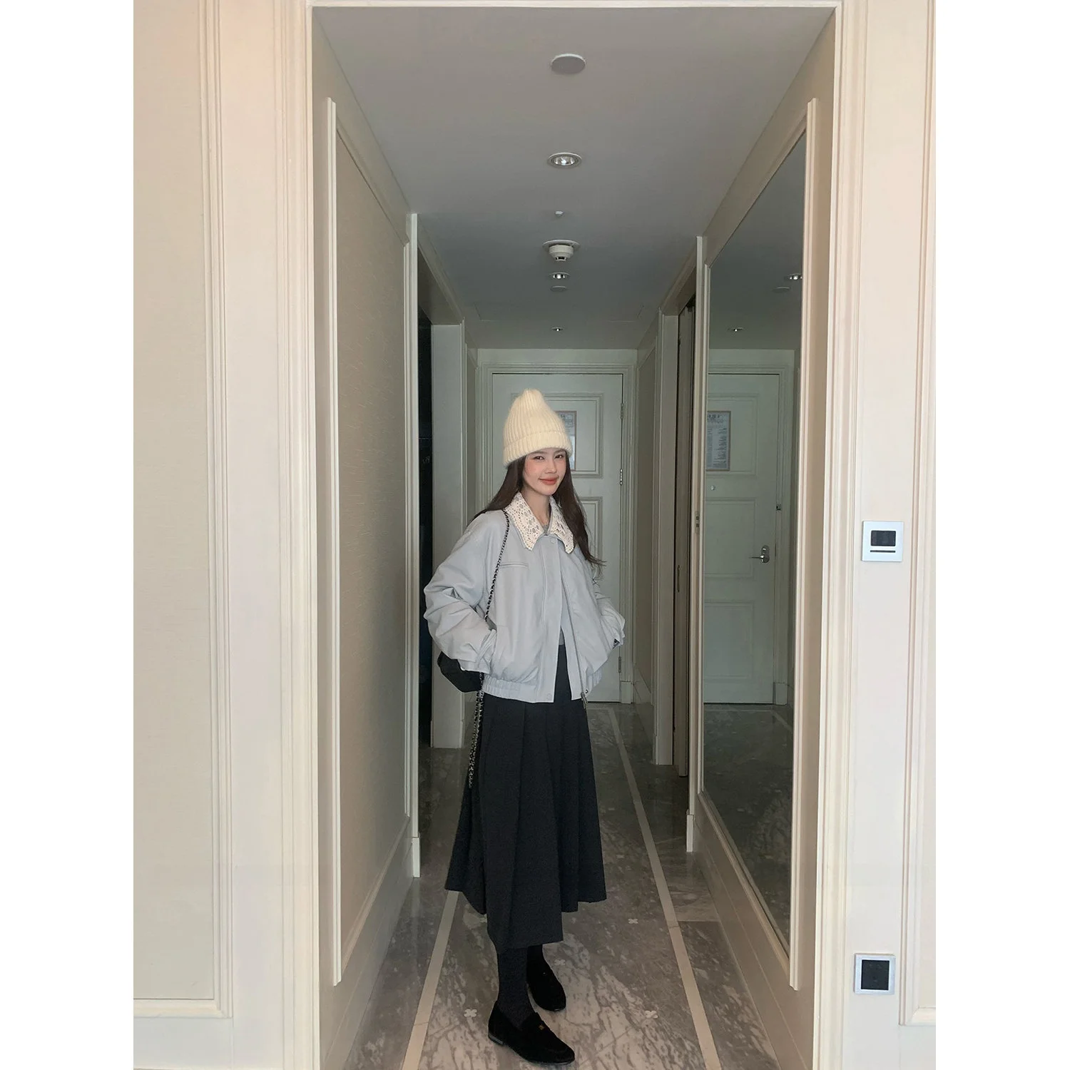 

Floral ort Loose Fit Korean Sle down Jaet with Stand Collar Replied Stamp Warm Daily Wear for Ladies