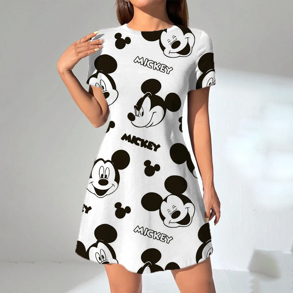 S-3Xl 디즈니 미키 마우스 프린트 O 넥 롱 드레스 캐주얼 보헤미안 숙녀 여름 해변 Sundress 여행 셔츠 파티 가운