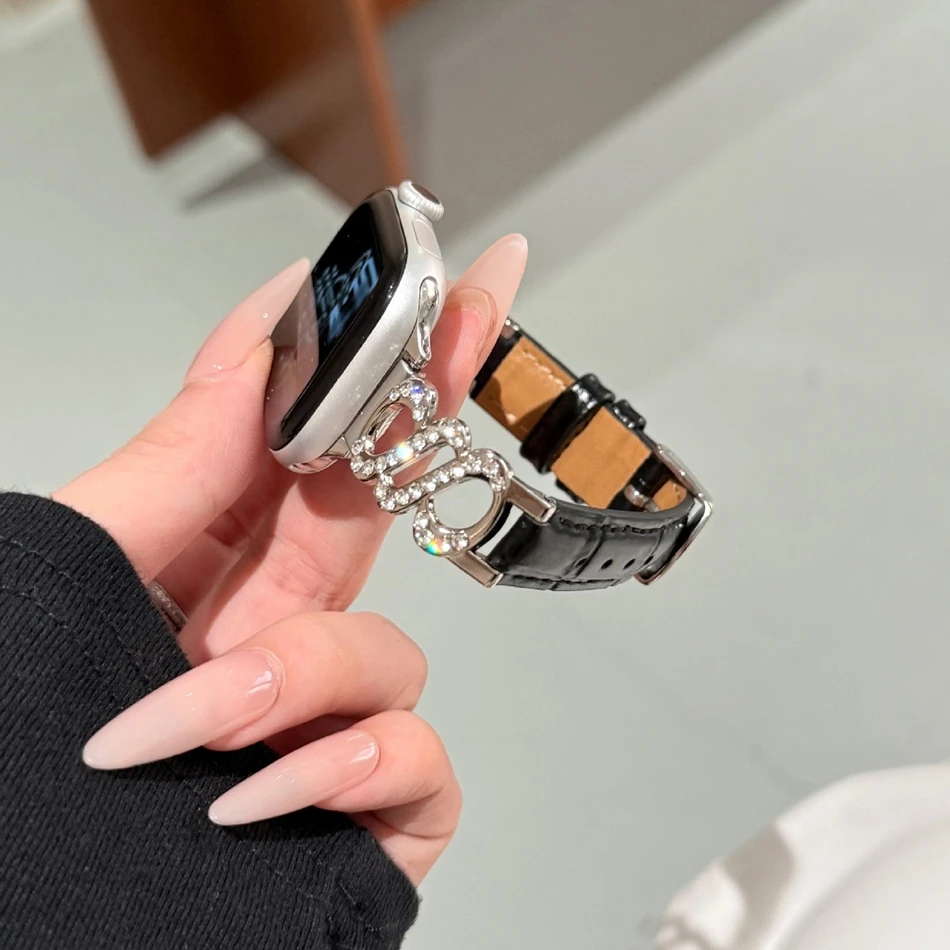 

Double S Diamond Metal Leather Bracelet For Apple Watch Band Series 11/10/9/8/7/6/Ultra iWatch Strap 49/46/45/44/42/41/40/38mm
