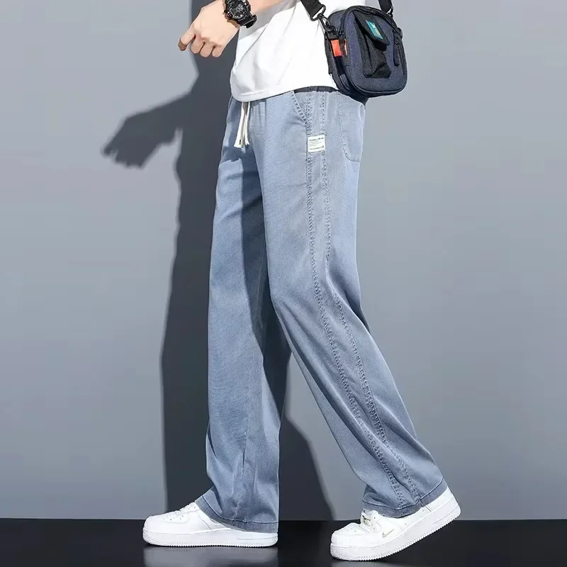 

New Summer Soft Lyocell Fabric Men's Jeans Thin Loose Straight Pants Drawstring Elastic Waist Korea Casual Trousers