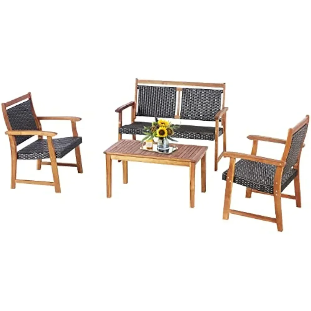 

4 Pieces Patio Rattan Conversation Set with Acacia Wood Frame, Patiojoy Outdoor Furniture Set with Chairs & Coffee Table