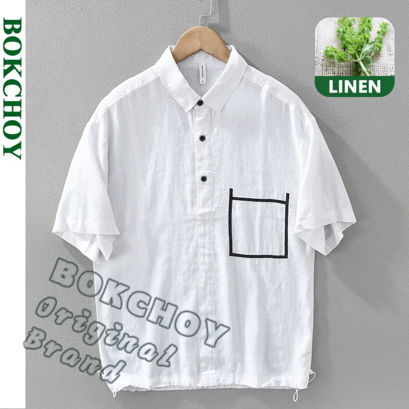 

2025 Spring Summer New Simple Solid Color Pure Linen Short Sleeve Shirts for Men Clothing Breathable Male Shirts CM8070