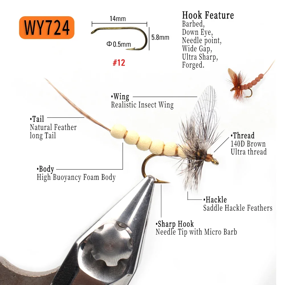 WIFREO 6PCS #10#12 #14 CDC Feather Wing Mayfly Deer Hair Body Dry Fly Rocky River Trout Fishing Flies Bait Lure