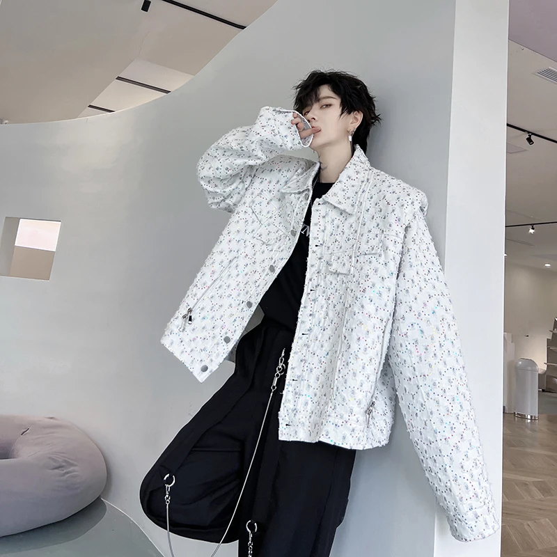 

Faionable Loose Men's Denim Jaet with Sequins Autumn Street Sle Trendy Korean Version Casual Youth Polyester Long Sve