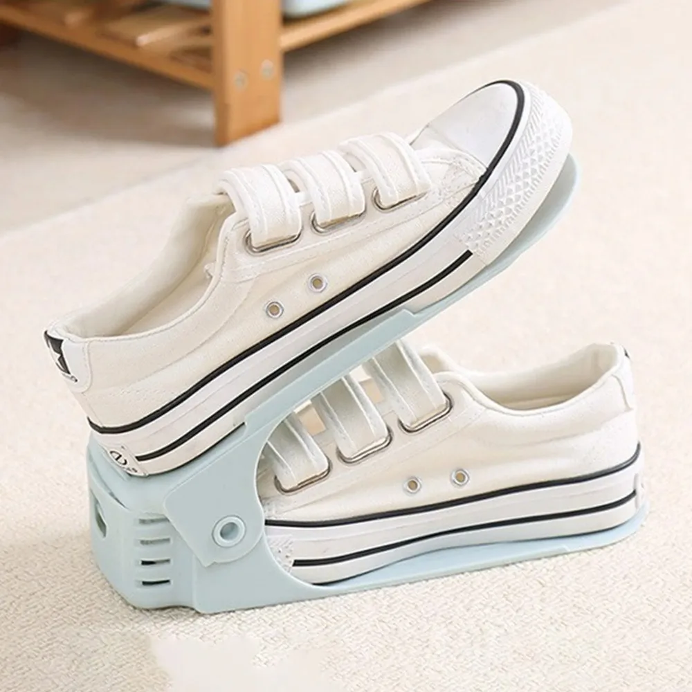 Suporte de calçado de camada dupla durável, cor sólida, sapateira, sapateira ajustável, suporte de espaço reforçado, ranhuras