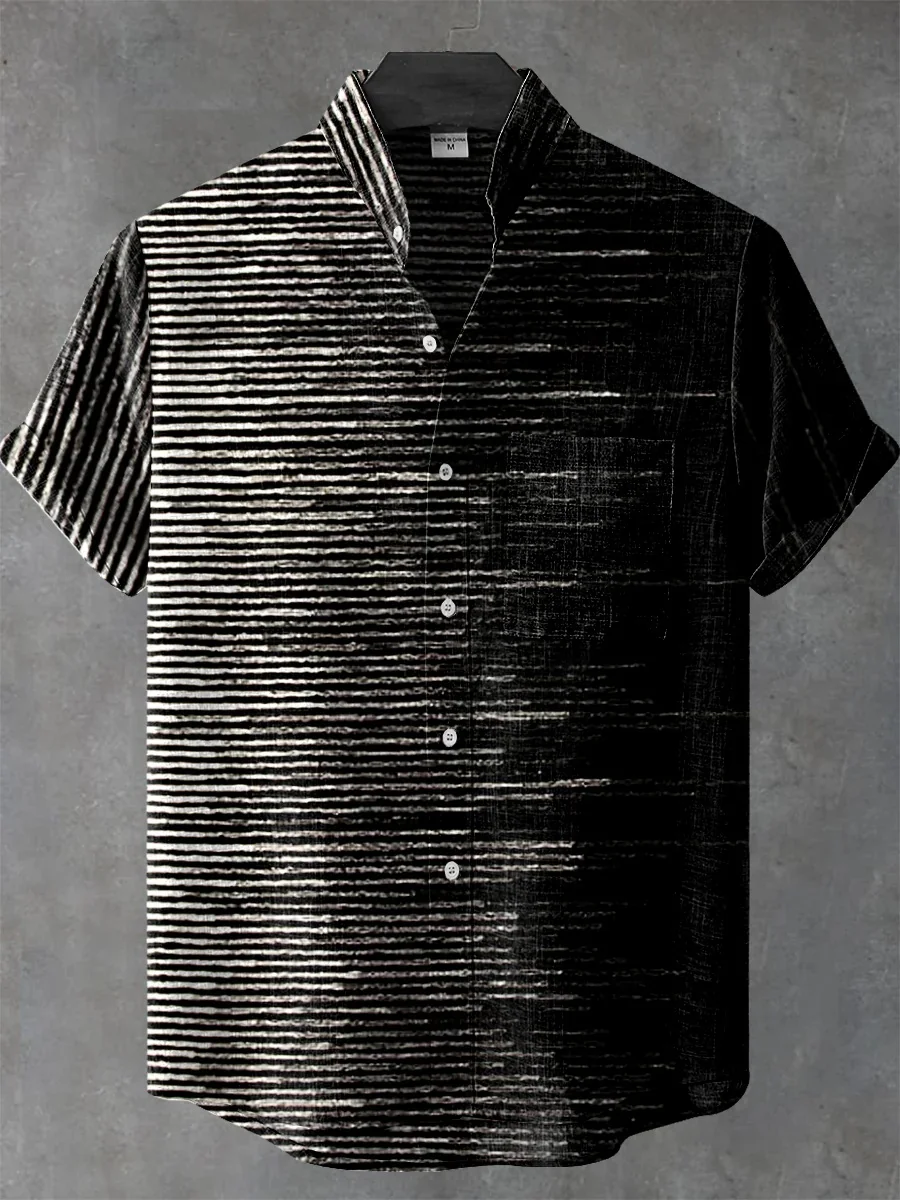 The new short-sleeved linen shirt with a simple artistic print pattern is a comfortable button-down casual top for men in summer
