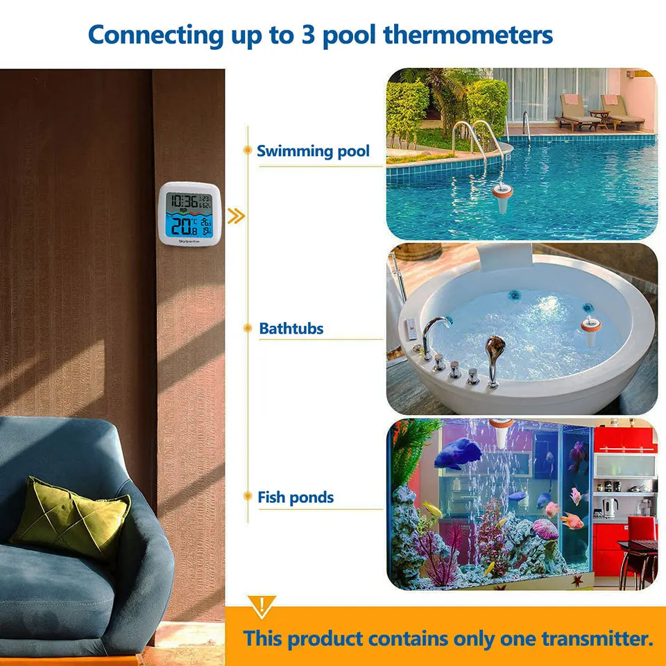 Wireless Digital Pool Thermometer Floating Easy Read, with Indoor Temperature Humidity Monitor for Swimming Pools Hot Tubs Small