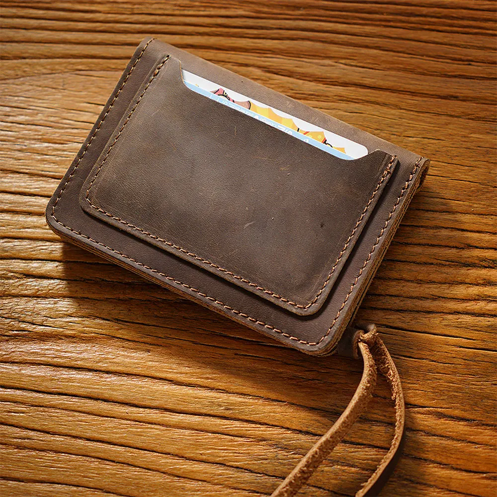 Men's and Women's Handmade Leather Cowhide Short Wallet, Retro Crazy Horse Leather Zipper Card bag, Coin Wallet