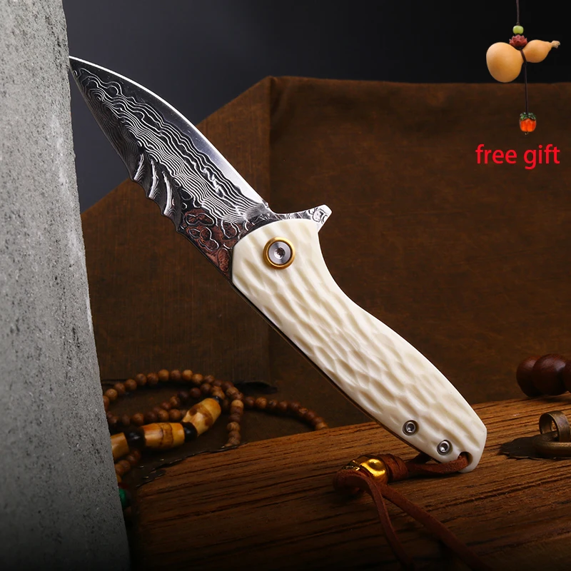

Damascus Steel Pocket Knife - Handmade Natural Cow Bone Handle Outdoor Camping Hunting Folding Knife Collector's EDC Tool Gift