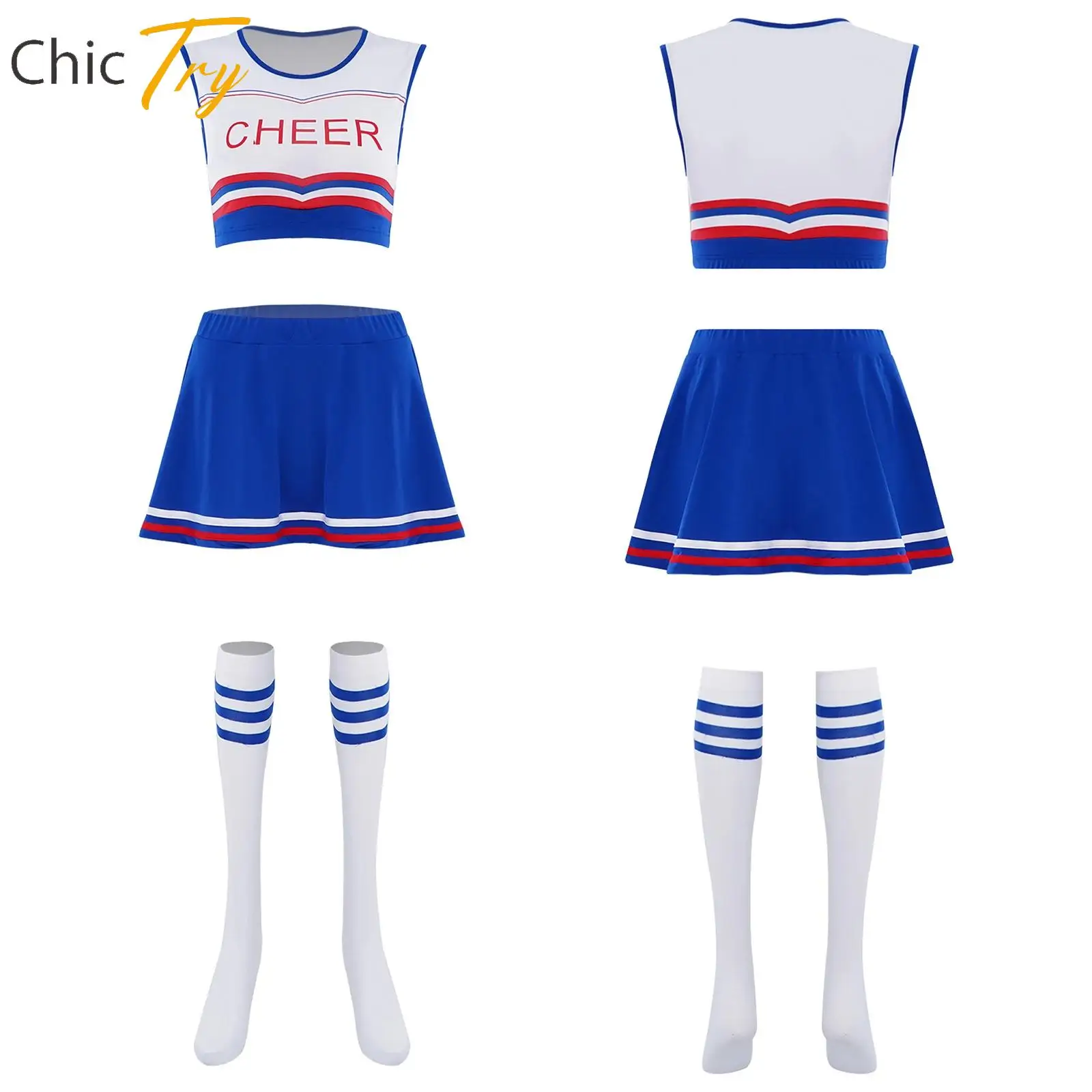 

Adult Womens Cheerleading Dance Performance Competition Outfit Sleeveless Crop Top with Skirt And Socks Set Modern Dance Clothes