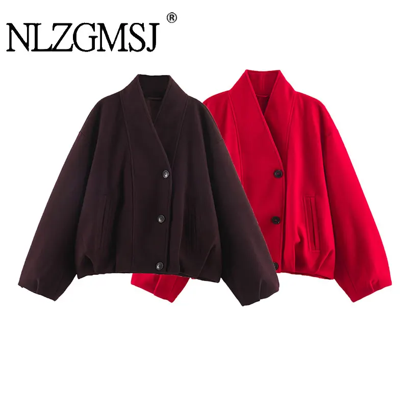 NLZGMSJ 2026 Autumn Winter Women Versatile Single-breasted Cropped Coat V-Collar Long Sleeve Pocket Loose Casual Outer Jacket