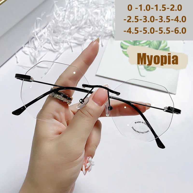 Neues Modell, rahmenlose Anti-Blaulicht-Myopie-Brille für Frauen, modische achteckige und polygonale Form.3301