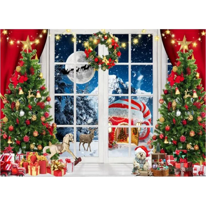 Christmas Photography Backdrops Window Snow Pine tree House Decoration Background Winter Photo Studio Shoot Booth Props AX-01