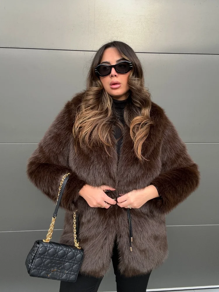 Vintage Women's Leather Belt Fur Coat Heart Shape Lapel Waistband Lace Up Deep V Plush Mid Length Overcoat Warm Outwear Winter