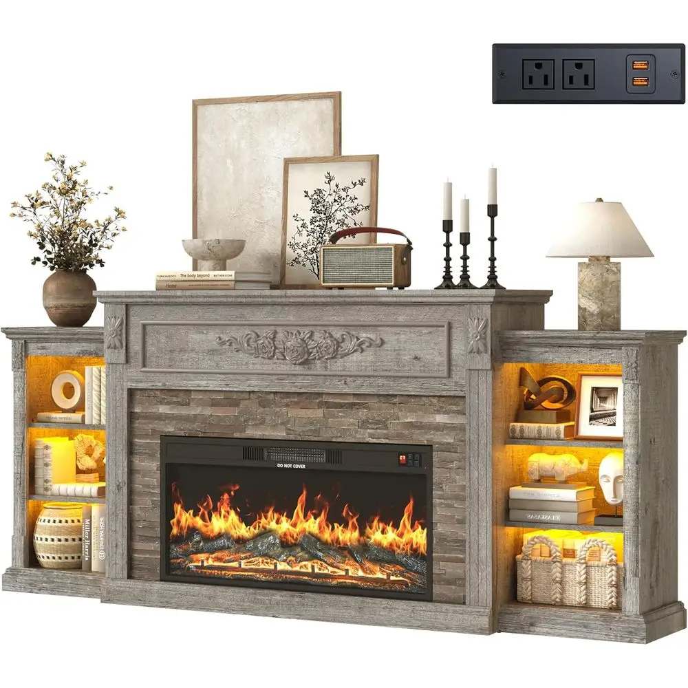 

85" Wide 38" Tall ireplace with Mantel, Large armhouse TV Stand with 36" irewood ireplace, LED Entertainment Center with Power O