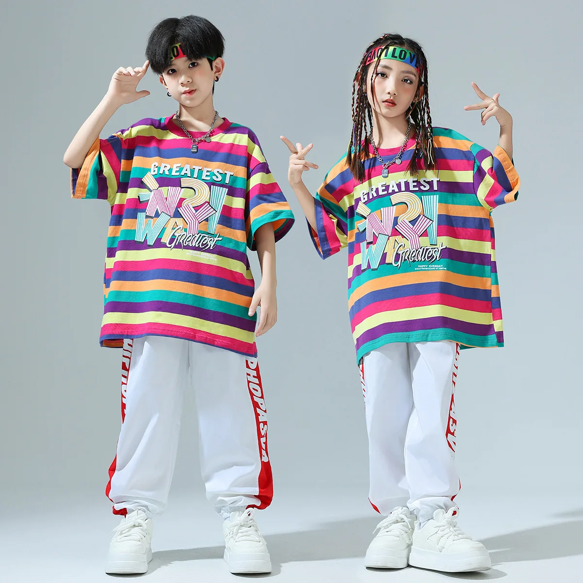 

Girls Hip Hop Sets Colorful Strips T-shirt White with Red edge Pants Streetwear Kids Ballroom Clothes Boys Jazz Costume